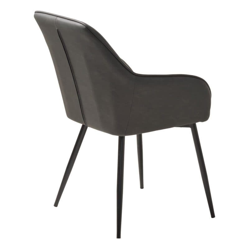 Trendstore Melfort Armlehnstuhl aus Kunstleder in Dunkelgrau mit Metallfüßen in Schwarz - seitlich mit Rückenansicht.