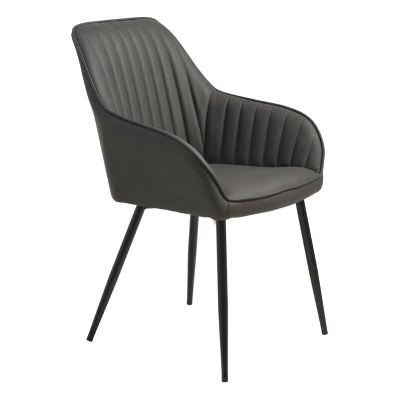 Trendstore Melfort Armlehnstuhl aus Kunstleder in Dunkelgrau mit Metallfüßen in Schwarz.