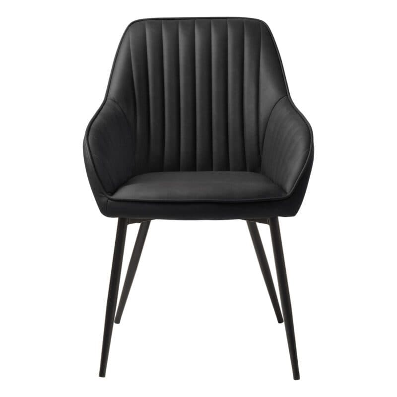 Trendstore Melfort Armlehnstuhl aus Kunstleder in Schwarz mit Metallfüßen in Schwarz - Frontansicht.