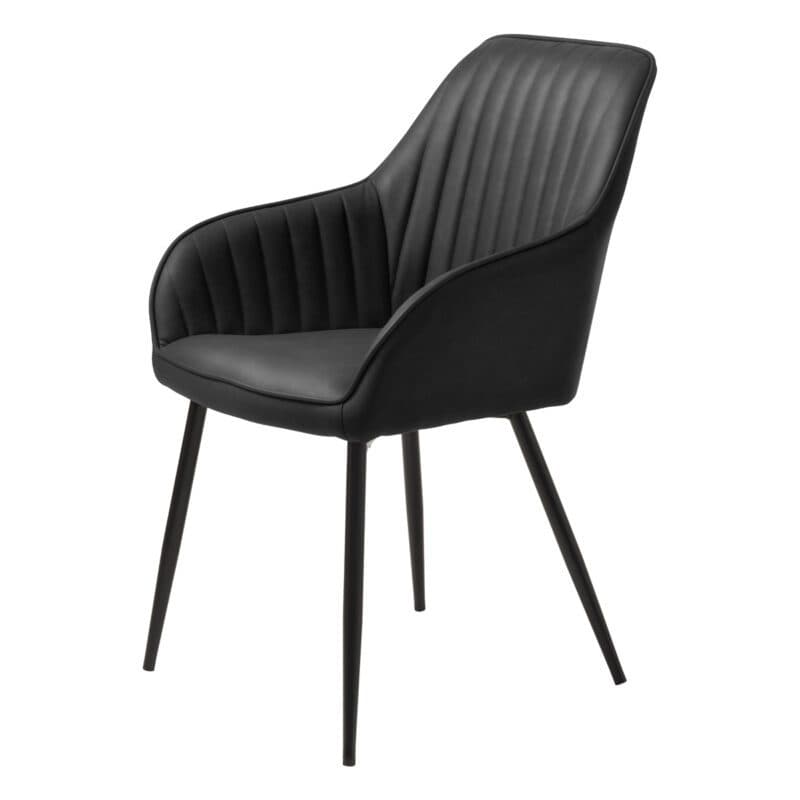 Trendstore Melfort Armlehnstuhl aus Kunstleder in Schwarz mit Metallfüßen in Schwarz - seitliche Ansicht.