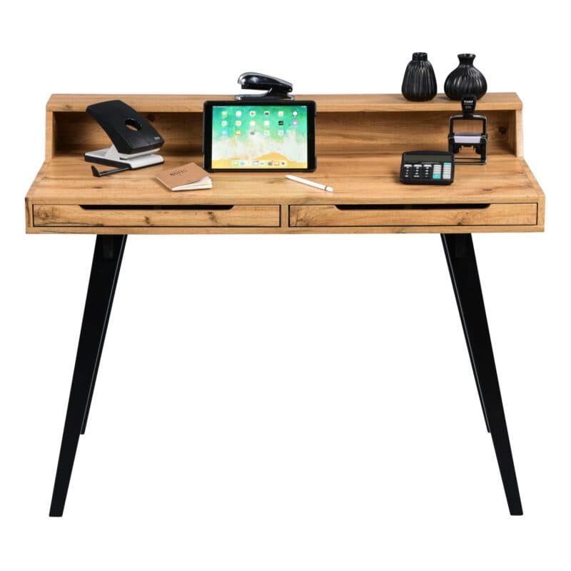 M2 kollektion Stockholm Sekretär mit Aufsatz und Schubladen aus Wildeiche - frontal mit Deko (nicht inbegriffen)