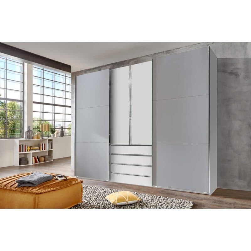 Wimex Magic Schwebetürenschrank Beton Nachbildung lightgrey Dekor weiß 236 cm hoch Wohnbeispiel