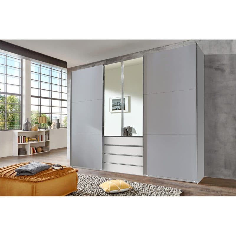 Wimex Magic Schwebetürenschrank Beton Nachbildung lightgrey Dekor weiß mit Spiegel 236 cm hoch Wohnbeispiel