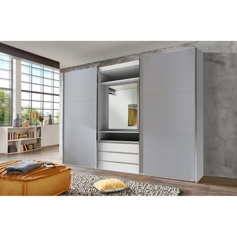 Wimex Magic Schwebetürenschrank mit drehbarem Spiegel-Element Beton lightgrey Dekor weiß mit Spiegel 216 cm hoch Wohnbeispiel