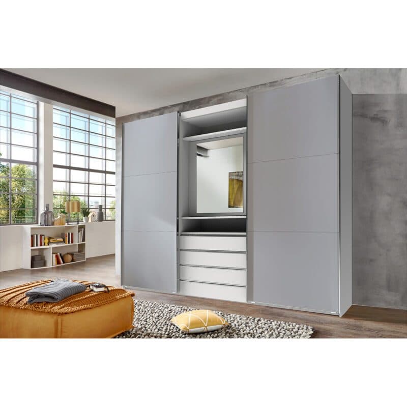 Wimex Magic Schwebetürenschrank mit drehbarem Spiegel-Element Beton lightgrey Dekor weiß mit Spiegel 236 cm hoch Wohnbeispiel