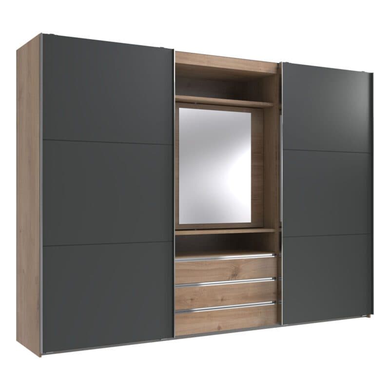 Wimex Magic Schwebetürenschrank mit drehbarem Spiegel-Element Plankeneiche Nachbildung Dekor graphit mit Spiegel 216 cm hoch Freisteller