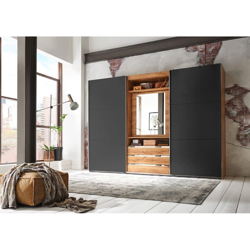 Wimex Magic Schwebetürenschrank mit drehbarem Spiegel-Element Plankeneiche Dekor graphit mit Spiegel 216 cm hoch Wohnbeispiel