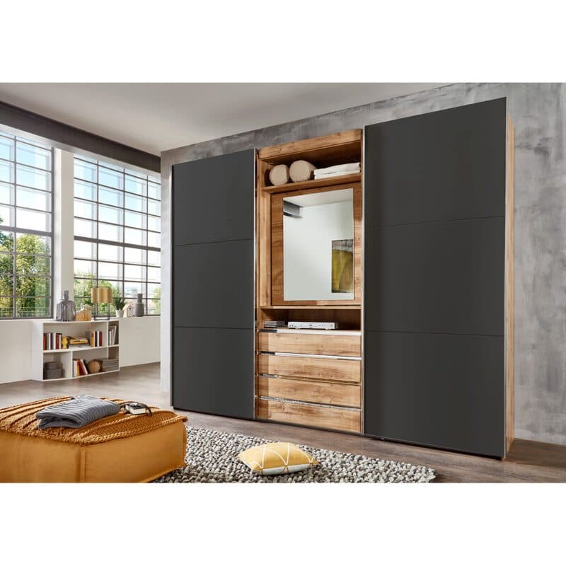 Wimex Magic Schwebetürenschrank mit drehbarem Spiegel-Element Plankeneiche Dekor graphit mit Spiegel 236 cm hoch Wohnbeispiel