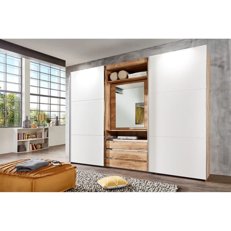 Wimex Magic Schwebetürenschrank mit drehbarem Spiegel-Element Plankeneiche Dekor weiß mit Spiegel 216 cm hoch Wohnbeispiel