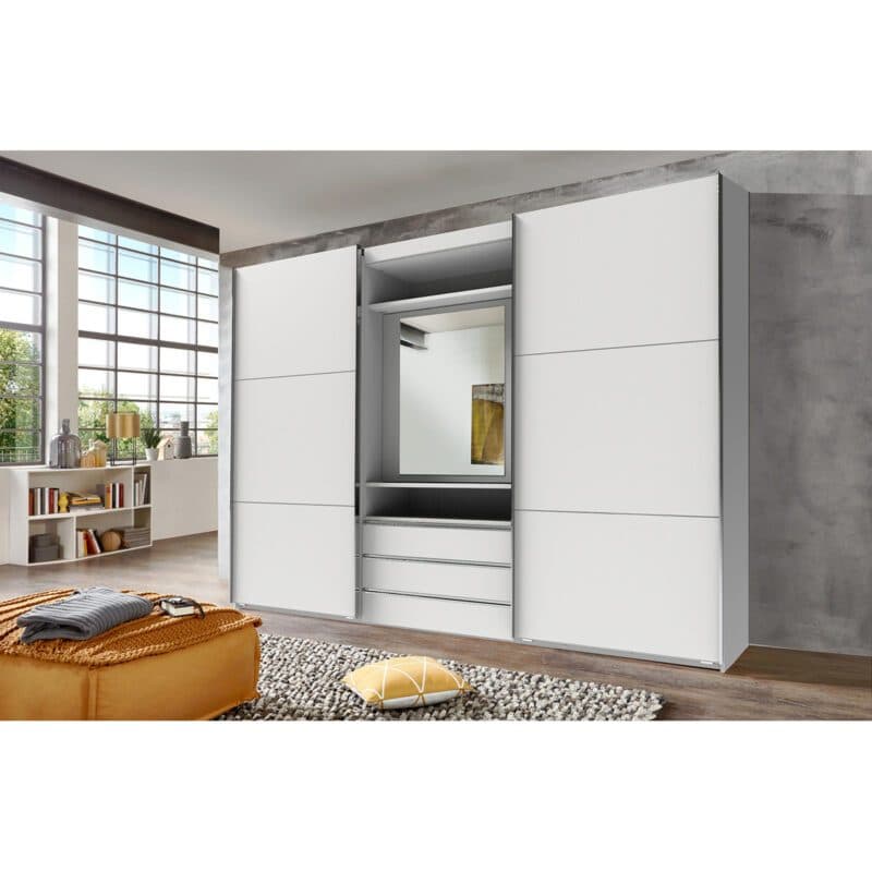 Wimex Magic Schwebetürenschrank mit drehbarem Spiegel-Element Dekor weiß mit Spiegel 216 cm hoch Wohnbeispiel