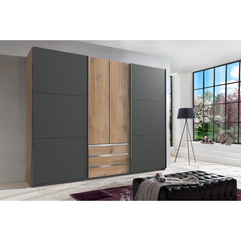 Wimex Magic Schwebetürenschrank Plankeneiche Nachbildung Dekor graphit 216 cm hoch Wohnbeispiel