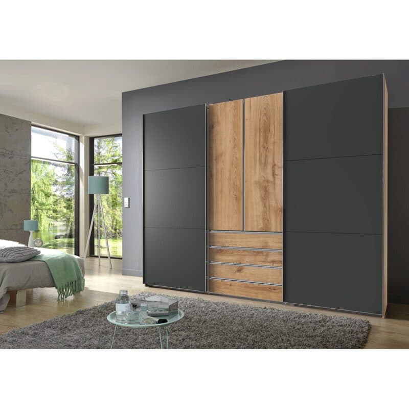 Wimex Magic Schwebetürenschrank Plankeneiche Nachbildung Dekor graphit 236 cm hoch Wohnbeispiel