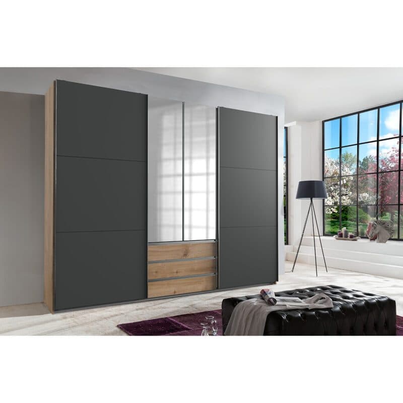 Wimex Magic Schwebetürenschrank Plankeneiche Nachbildung Dekor graphit mit Spiegel 216 cm hoch Wohnbeispiel