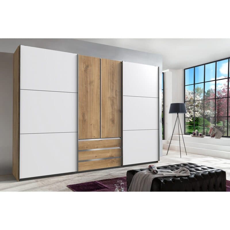 Wimex Magic Schwebetürenschrank Plankeneiche Nachbildung Dekor weiß 216 cm hoch Wohnbeispiel