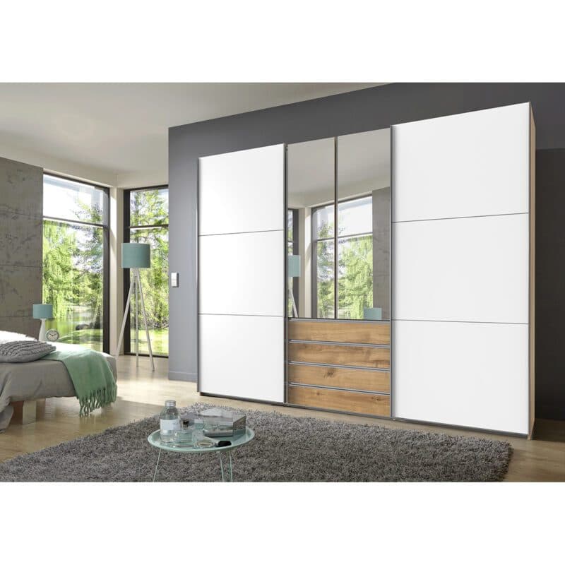 Wimex Magic Schwebetürenschrank Plankeneiche Nachbildung Dekor weiß mit Spiegel 236 cm hoch Wohnbeispiel
