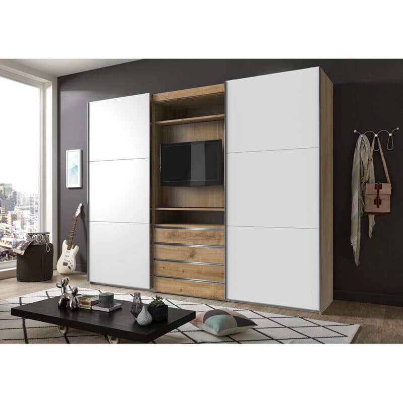 Wimex Magic TV-Schwebetürenschrank Plankeneiche Nachbildung, Dekor weiß 236 cm hoch Wohnbeispiel