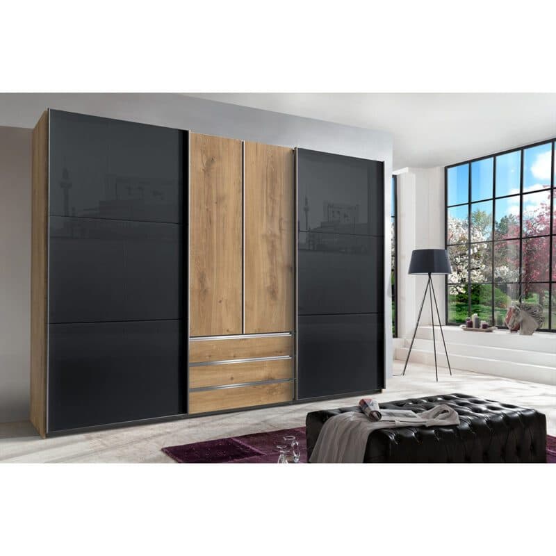 Wimex MagicGlas Schwebetürenschrank Glas grey Plankeneiche 216 cm hoch Wohnbeispiel