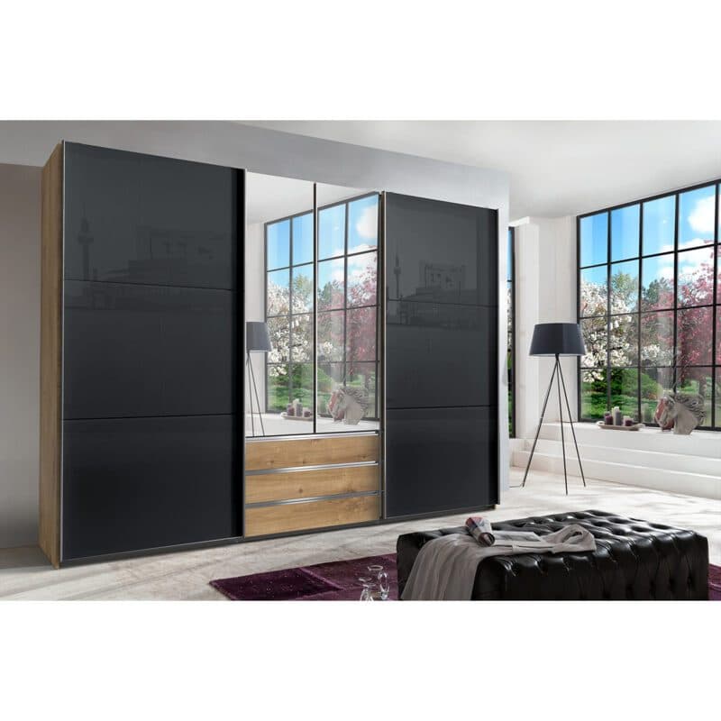 Wimex MagicGlas Schwebetürenschrank Glas grey Plankeneiche mit Spiegel 216 cm hoch Wohnbeispiel