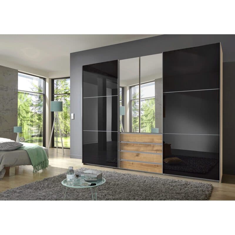 Wimex MagicGlas Schwebetürenschrank Glas grey Plankeneiche mit Spiegel 236 cm hoch Wohnbeispiel
