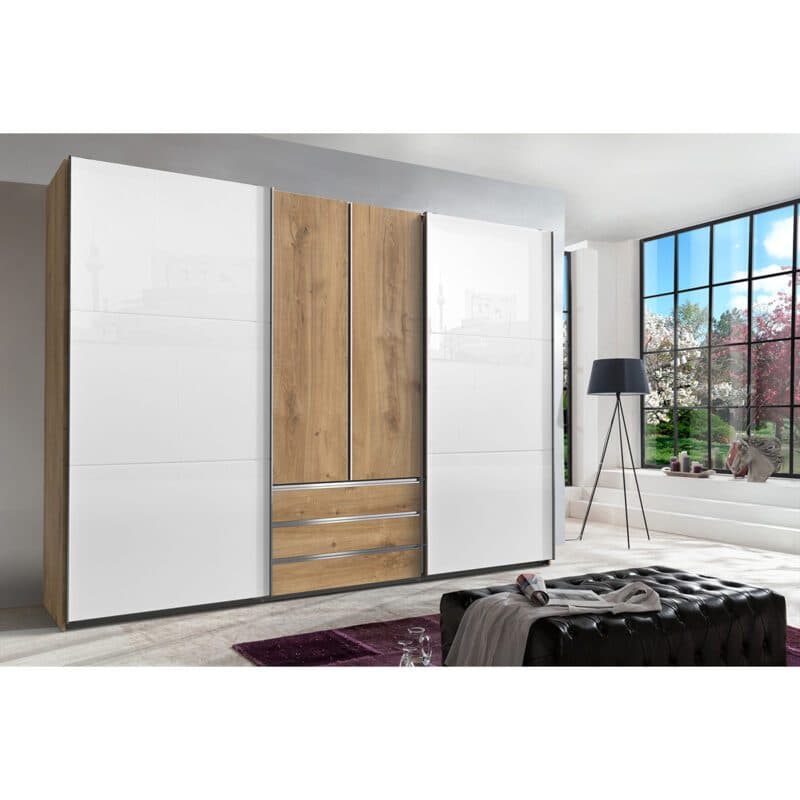 Wimex MagicGlas Schwebetürenschrank Glas weiß Plankeneiche 216 cm hoch Wohnbeispiel