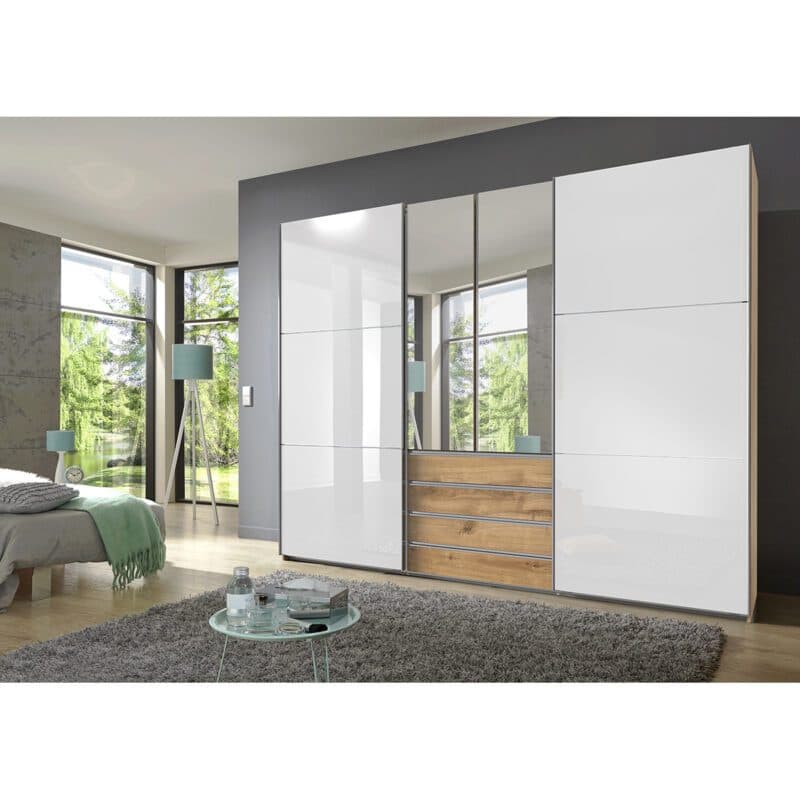 Wimex MagicGlas Schwebetürenschrank Glas weiß Plankeneiche mit Spiegel 236 cm hoch Wohnbeispiel