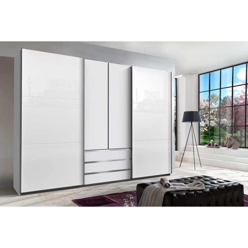 Wimex MagicGlas Schwebetürenschrank Glas weiß Dekor weiß 216 cm hoch Wohnbeispiel