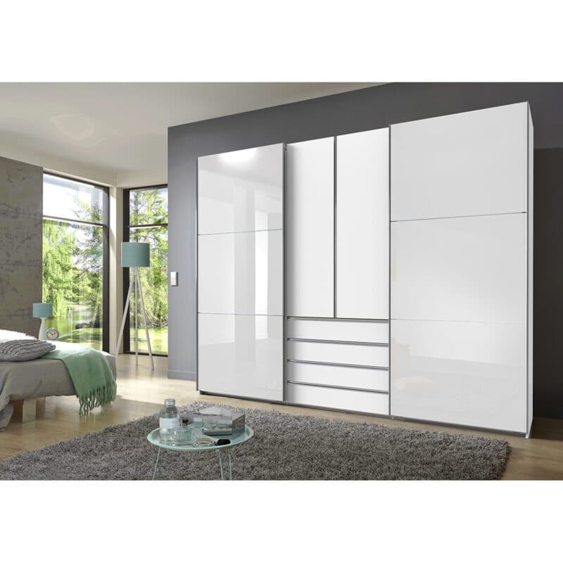 Wimex MagicGlas Schwebetürenschrank Glas weiß Dekor weiß 236 cm hoch Wohnbeispiel