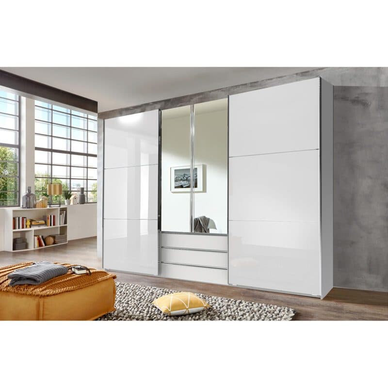 Wimex MagicGlas Schwebetürenschrank Glas weiß Dekor weiß mit Spiegel 216 cm hoch Wohnbeispiel