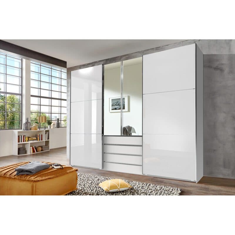Wimex MagicGlas Schwebetürenschrank Glas weiß Dekor weiß mit Spiegel 236 cm hoch Wohnbeispiel