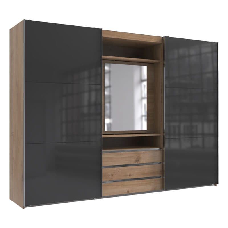 Wimex MagicGlas Schwebetürenschrank mit drehbarem Spiegel-Element Glas grey Plankeneiche Nachbildung mit Spiegel 216 cm hoch Freisteller