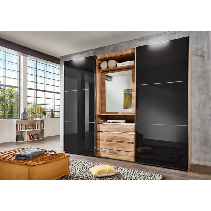 Wimex MagicGlas Schwebetürenschrank mit drehbarem Spiegel-Element Glas grey Plankeneiche mit Spiegel 236 cm hoch Wohnbeispiel