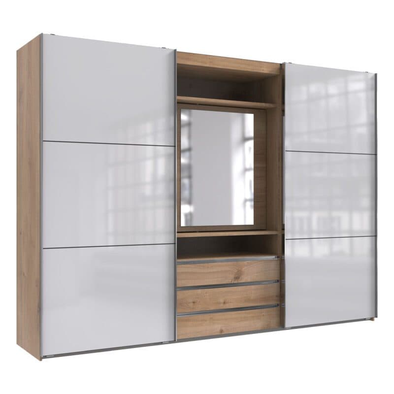 Wimex MagicGlas Schwebetürenschrank mit drehbarem Spiegel-Element Glas weiß Plankeneiche Nachbildung mit Spiegel 216 cm hoch Freisteller
