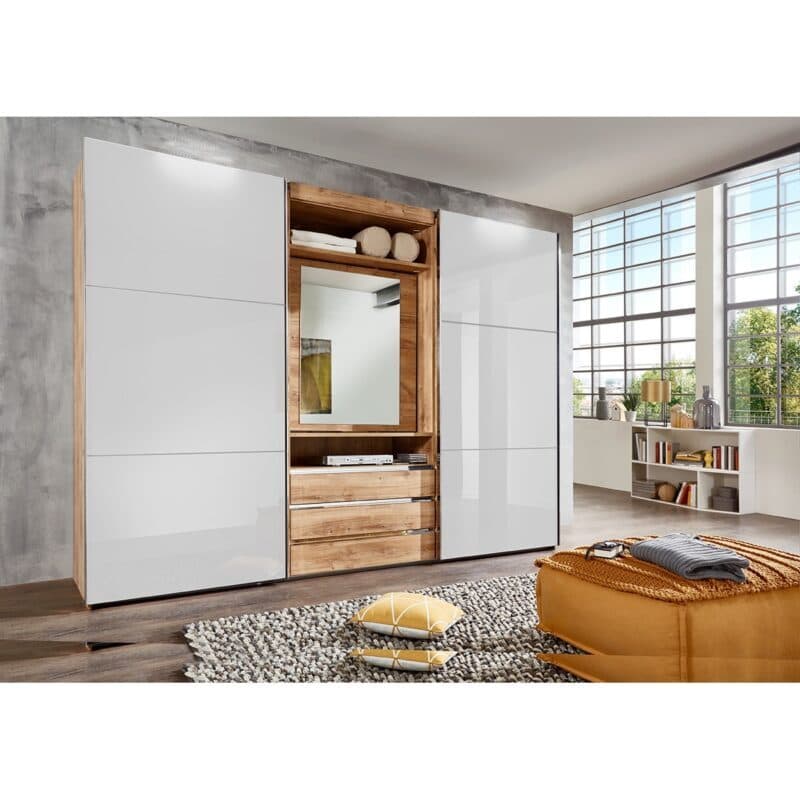 Wimex MagicGlas Schwebetürenschrank mit drehbarem Spiegel-Element Glas weiß Plankeneiche mit Spiegel 216 cm hoch Wohnbeispiel