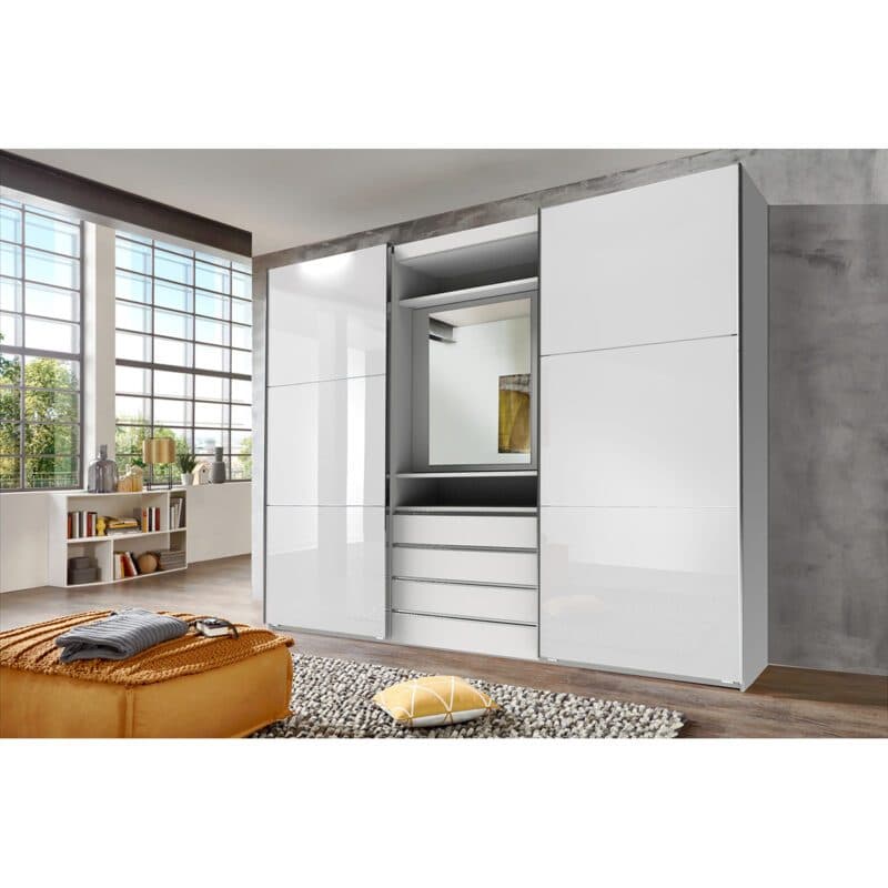 Wimex MagicGlas Schwebetürenschrank mit drehbarem Spiegel-Element Glas weiß Dekor weiß mit Spiegel 236 cm hoch Wohnbeispiel