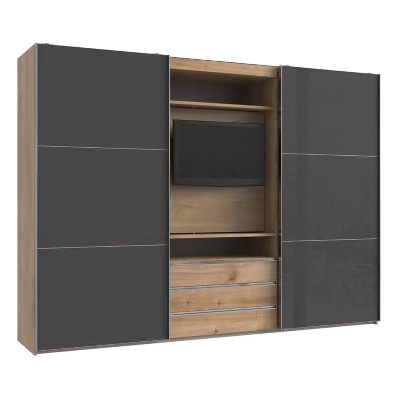 Wimex MagicGlas TV-Schwebetürenschrank Glas grey Plankeneiche Nachbildung 216 cm hoch Freisteller