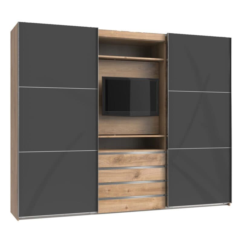 Wimex MagicGlas TV-Schwebetürenschrank Glas grey Plankeneiche Nachbildung 236 cm hoch Freisteller