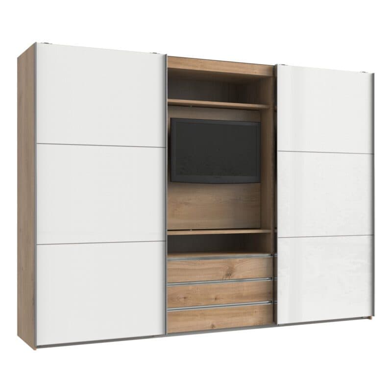 Wimex MagicGlas TV-Schwebetürenschrank Glas weiß Plankeneiche Nachbildung 216 cm hoch Freisteller