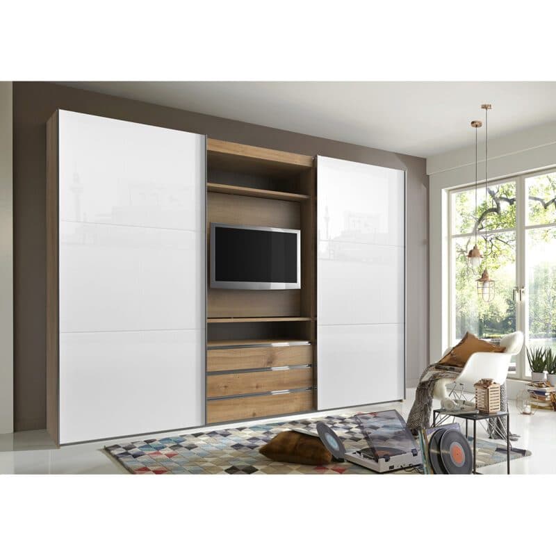 Wimex MagicGlas TV-Schwebetürenschrank Glas weiß Plankeneiche 216 cm hoch Wohnbeispiel