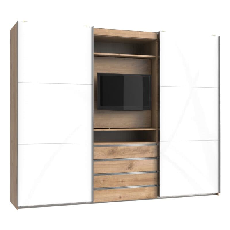 Wimex MagicGlas TV-Schwebetürenschrank Glas weiß Plankeneiche Nachbildung 236 cm hoch Freisteller