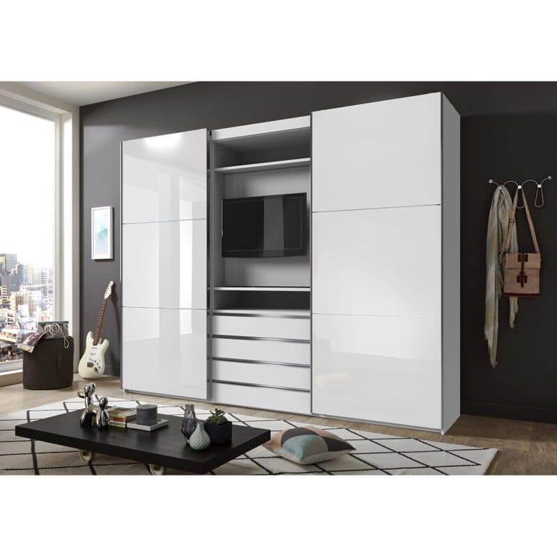 Wimex MagicGlas TV-Schwebetürenschrank Glas weiß Dekor weiß 236 cm hoch Wohnbeispiel