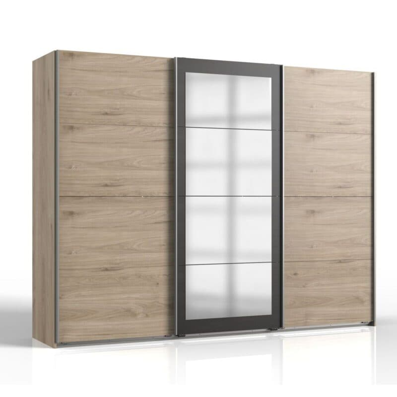 Wimex Minden Schwebetürenschrank Hickory Oak Nachbildung Dekor Raw Steel mit Spiegel, 3-türig Breite 270 cm.
