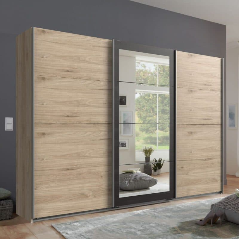 Wimex Minden Schwebetürenschrank Hickory Oak Nachbildung Dekor Raw Steel mit Spiegel, 3-türig Breite 270 cm Wohnbeispiel.