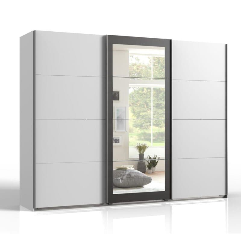 Wimex Minden Schwebetürenschrank weiß Raw Steel mit Spiegel, 3-türig Breite 270 cm.