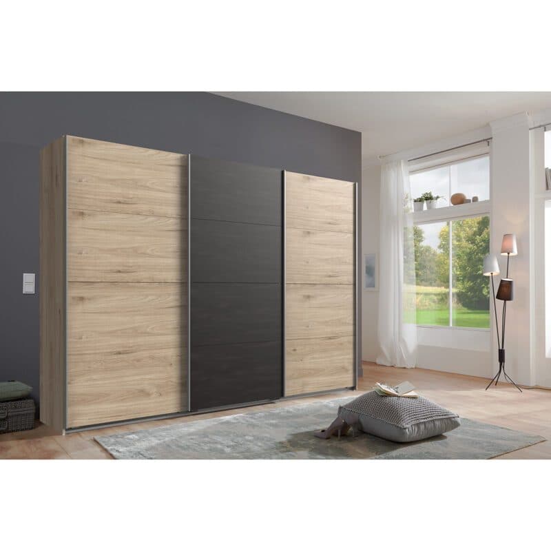 Wimex Minden Schwebetürenschrank Hickory Oak Raw Steel Wohnbeispiel