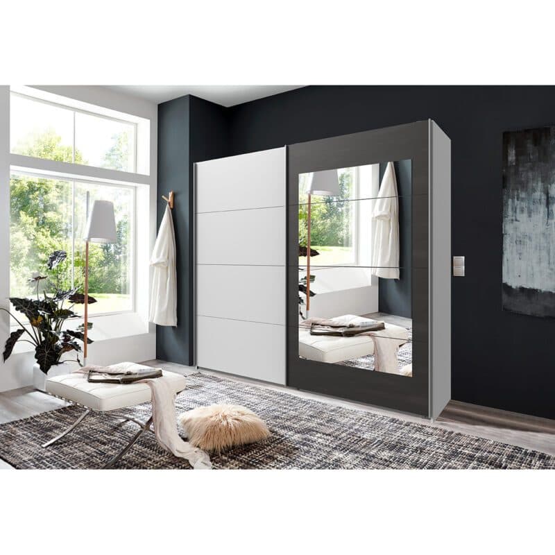 Wimex Minden Schwebetürenschrank weiß Raw Steel mit Spiegel, Breite 225 cm Wohnbeispiel