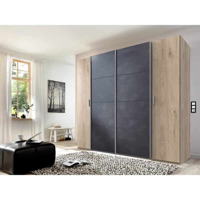 Wimex Lotto 423784 Dreh- Schwebetürenschrank Hickory Oak Nachbildung Dekor Raw Steel Milieubild