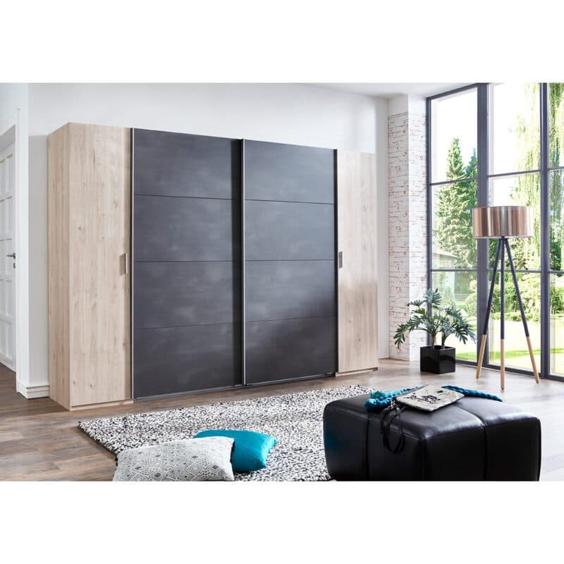 Wimex Lotto 423787 Dreh- Schwebetürenschrank Hickory Oak Nachbildung Dekor Raw Steel Milieubild