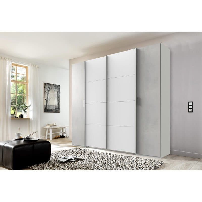 Wimex Lotto 424784 Dreh- Schwebetürenschrank Beton Nachbildung lichtgrau Dekor weiß Milieubild