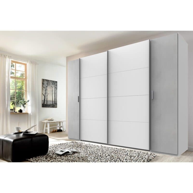 Wimex Lotto 424787 Dreh- Schwebetürenschrank Beton Nachbildung lichtgrau Dekor weiß Milieubild