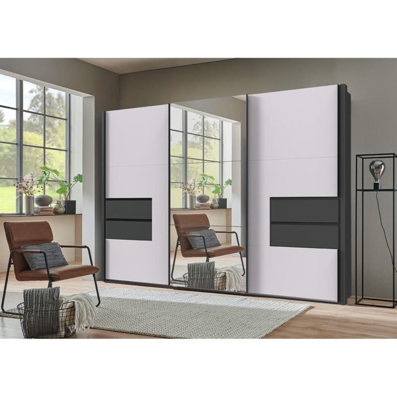 Wimex Palermo F54618-F54989 Schwebetürenschrank inklusive Passepartoutleisten Dekor weiß Dekor graphit mit Spiegel Milieubild